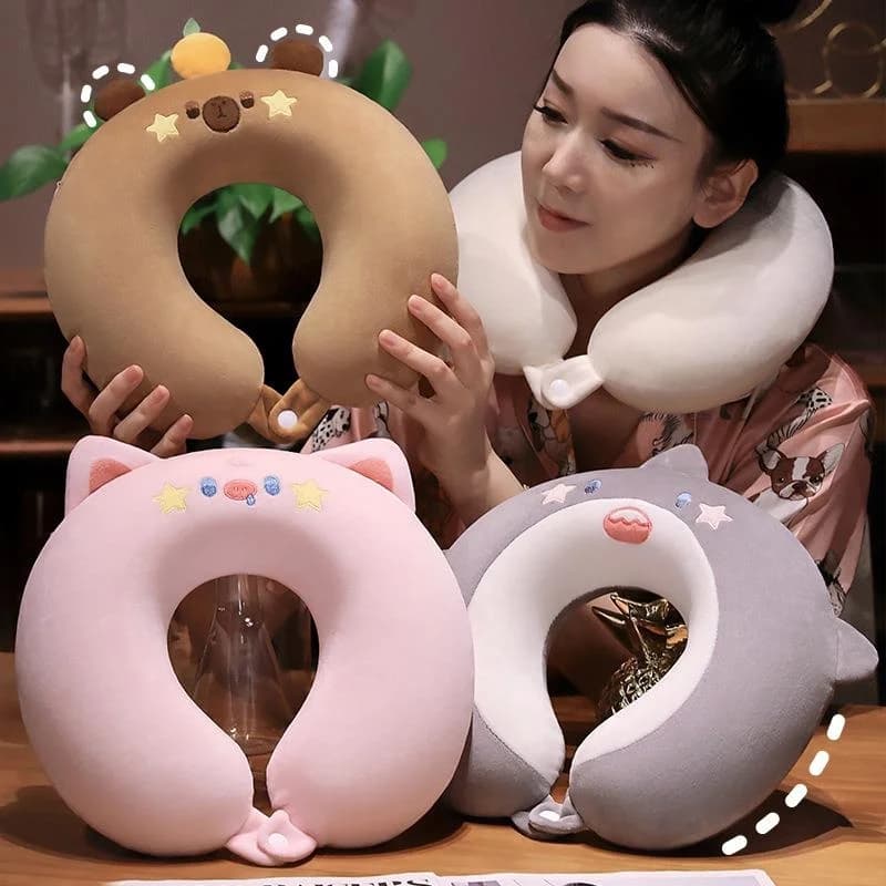 Cute Memory Foam U-Shaped Neck Pillow Portable Travel Companion for Airplanes Office Nap Time Crystal Velvet Cover Adjustable...
