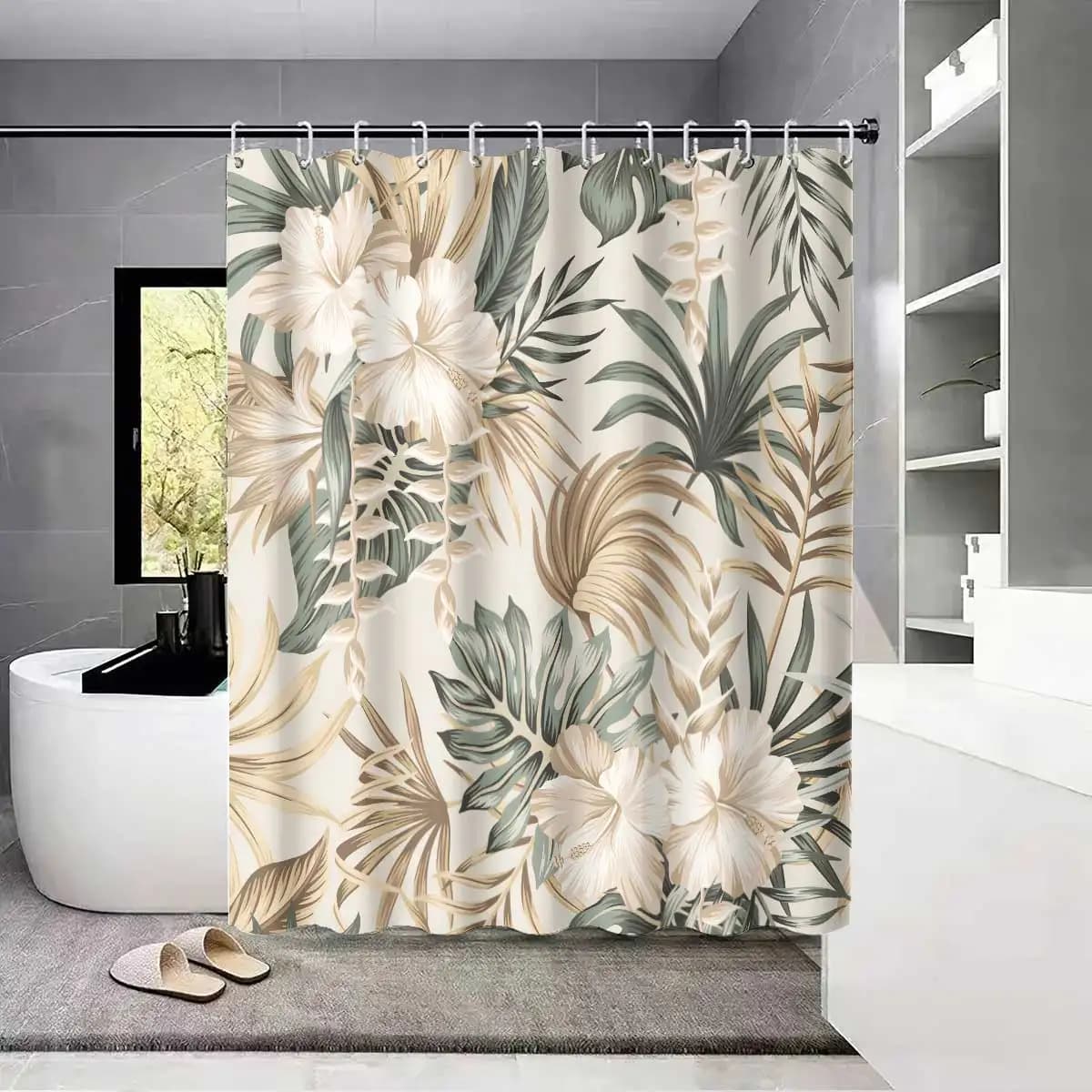 1 tenda da doccia Monstera Deliciosa con stampa floreale, con 12 ganci, lavabile in lavatrice, per divisorio doccia e protezione della privacy