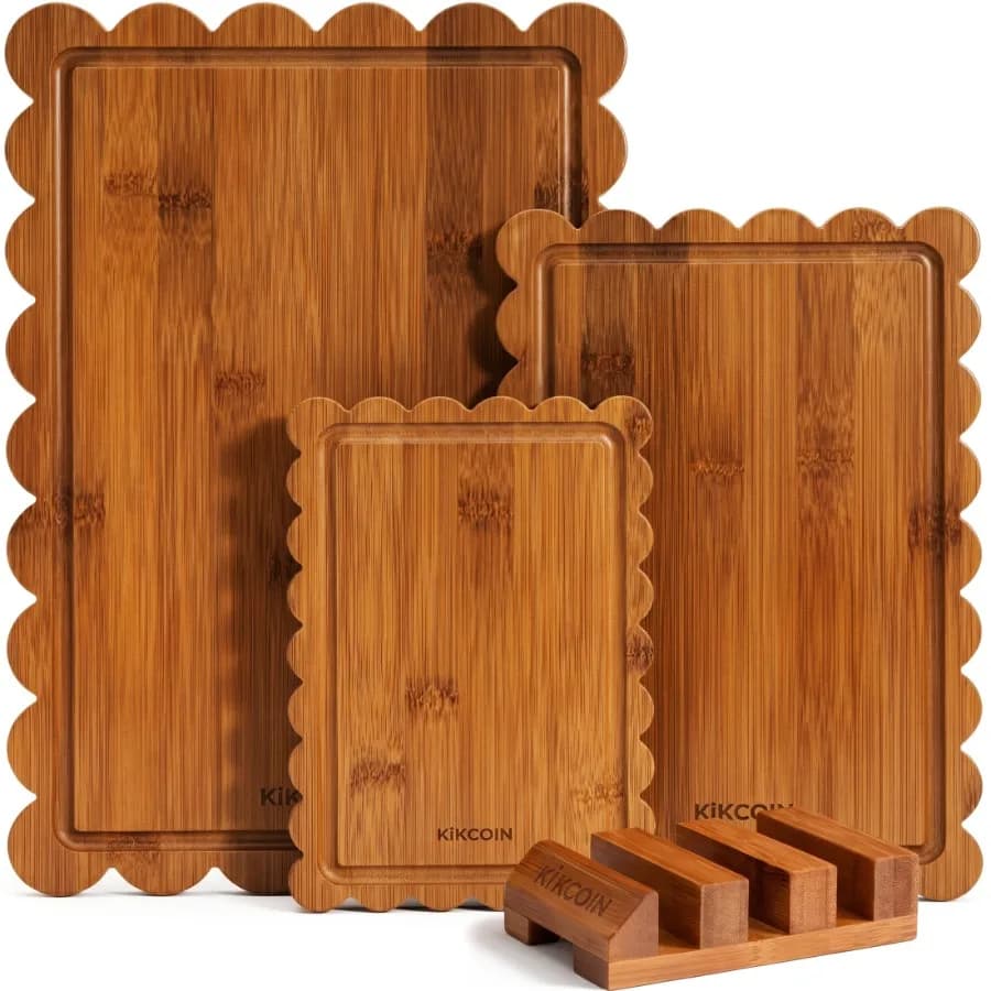 4-Piece Bamboo Cutting Board Set with Storage Stand Deep-Carbonized Wooden Cutting Boards for Kitchen Reversible Chopping Servi