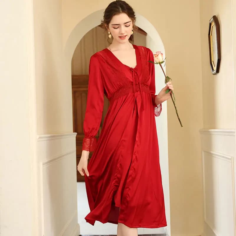 Accappatoio sexy in pizzo da donna Primavera Estate Bretelle in raso di seta Camicia da notte Abito in due pezzi Abito da notte a maniche lunghe