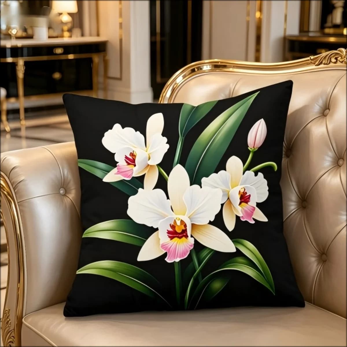 Fodera per cuscino con stampa di orchidee bianche, fodera decorativa floreale su sfondo nero per divano e camera da letto