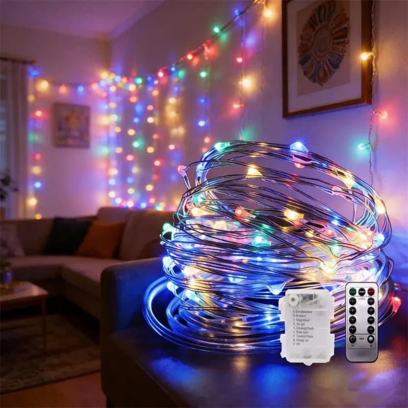 Luci a LED a batteria con filo di rame e filo d'argento, 8 modalità, telecomando, per decorazioni di matrimoni, stanze e esterni