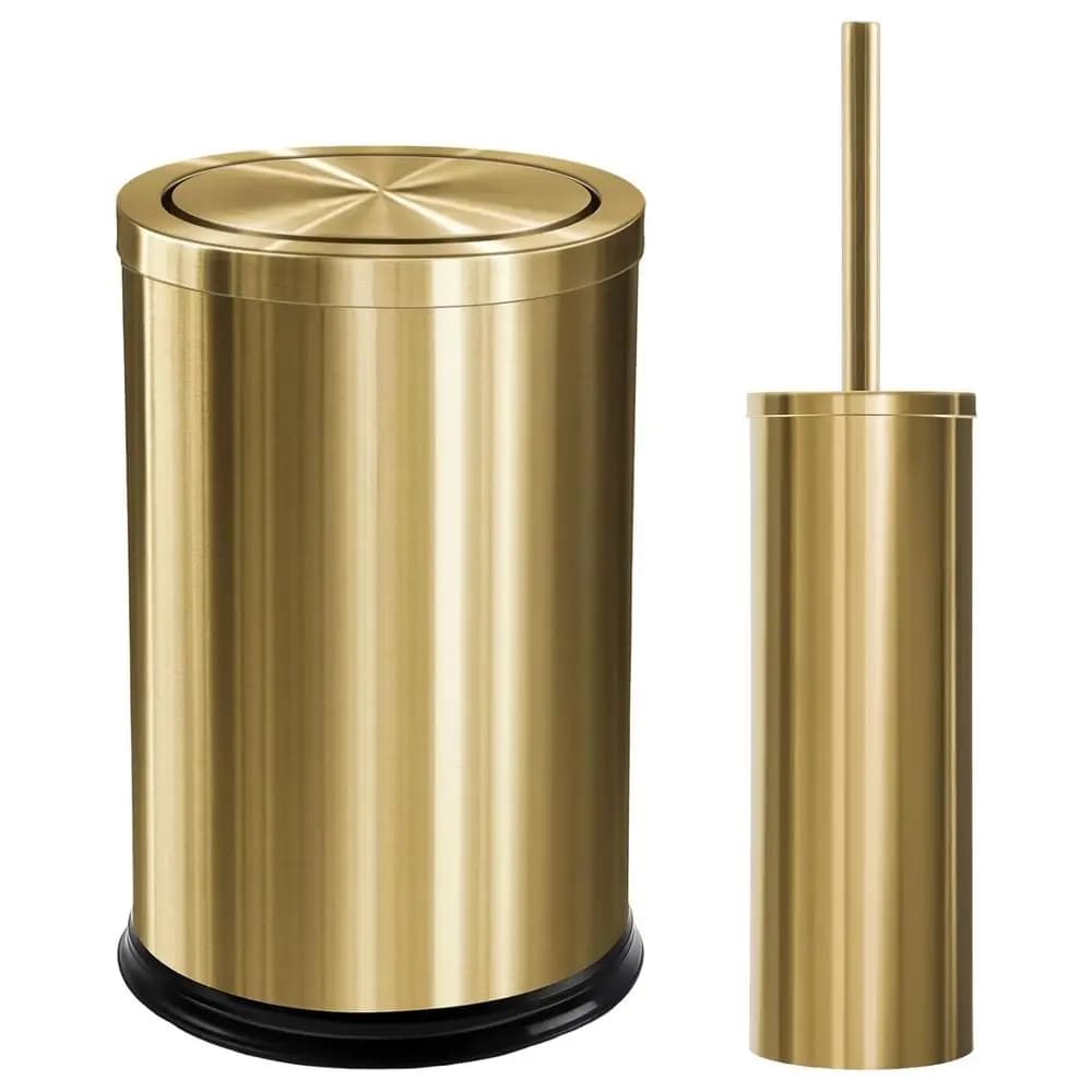 Set di 2 Pattumiere da Bagno Dorate da 9 L (2,4 Galloni) con Coperchio e Set Spazzola WC, Piccole Pattumiere di Lusso in Acciaio Inossidabile
