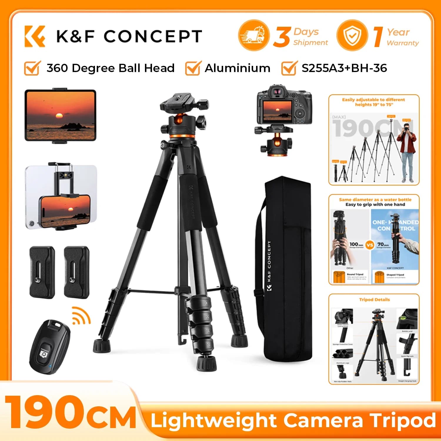 K&F CONCEPT 75 Inch/190cm Camera Tripod Lightweight Travel Outdoor DSLR Tripods Cellphone Clip and Remote Control for Smartphone