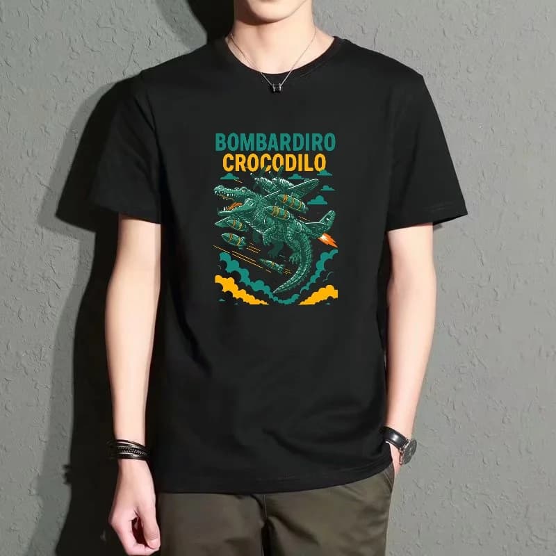 Men's Black Round-Neck Short-Sleeved T-Shirt with Fun Crocodile Print Pattern, Loose Casual Top, Trendy and Versatile for Everyday Wear, Breathable and Comfortable Street Style