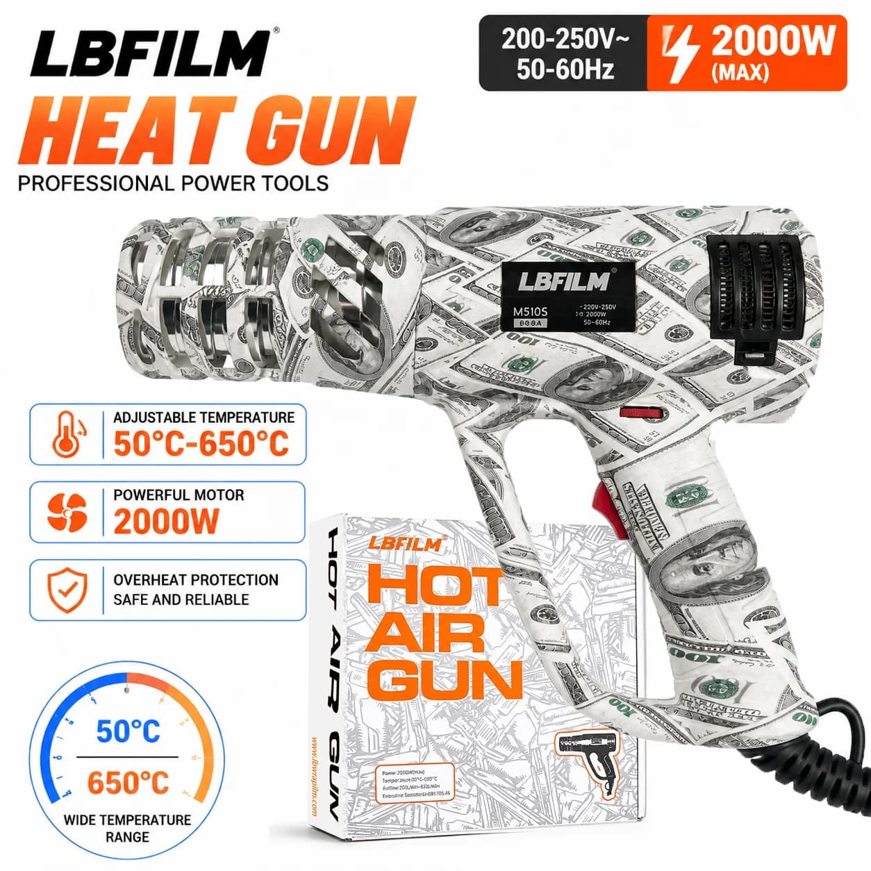 2000W Electric Heat Gun 50-650°C Adjustable Temperature Hot Air Gun for Car Vinyl Wrap PPF Film Shrinking Paint Removal DIY Tool
