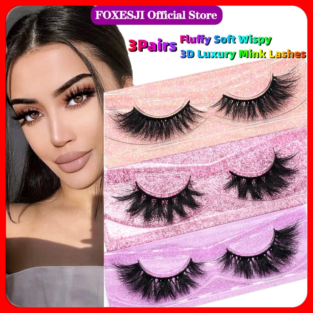 FOXESJI 3 paia di ciglia di visone 3D Fluffy Soft Cross Wispy ciglia finte naturali Extension ciglia drammatiche ciglia di visone trucco