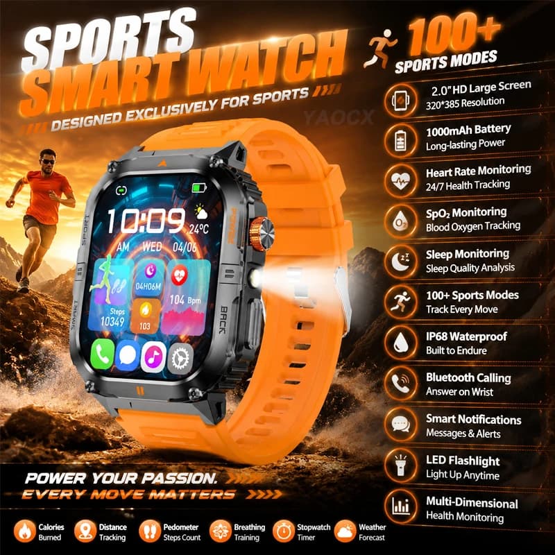 2026 Outdoor 1000mAh Large Battery Smart Watch Health Monitor 3ATM Waterproof Voice Assistant Flashlight Sports Mode Smart Watch