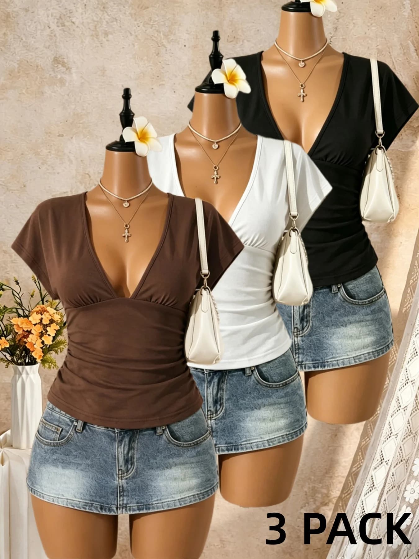 3 Pack Multi-color Women Deep V Neck Dolman Short Sleeve Side Ruched Slim Fit Cropped T Shirt 2026 Summer Y2K Solid Casual Stree