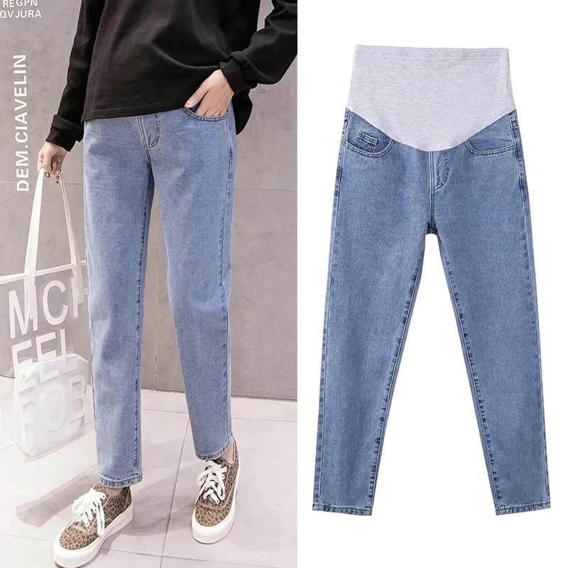 Pantaloni Jeans Premaman a Vita Alta per Gravidanza, Abbigliamento Donna in Denim Elasticizzato a Zampa Larga