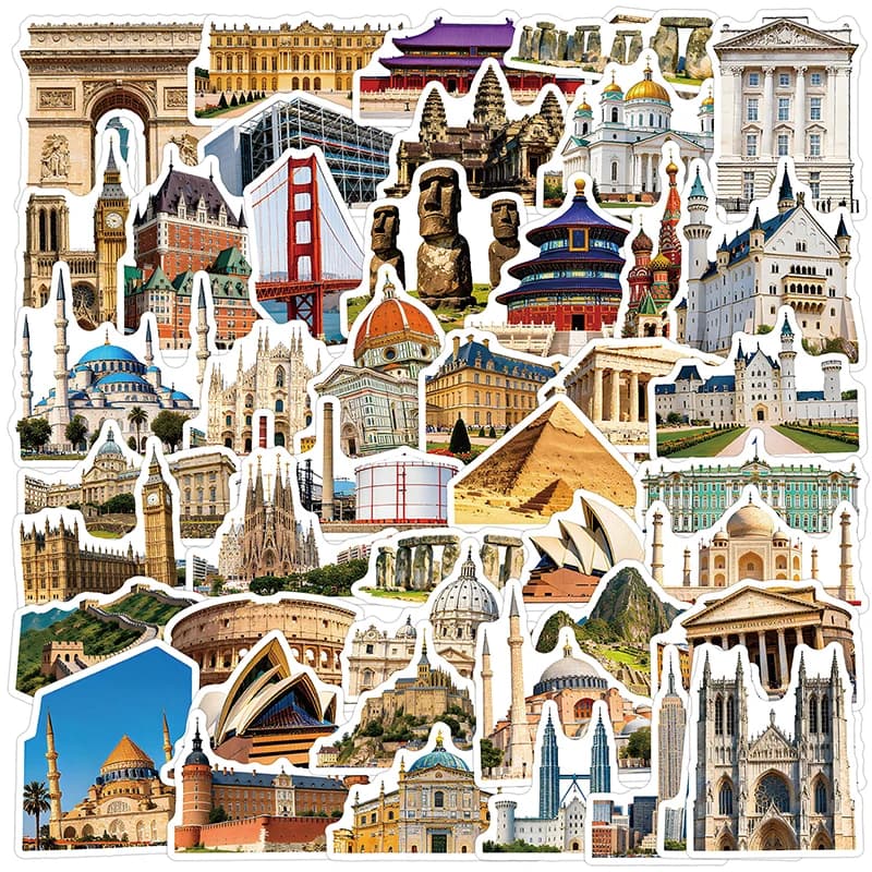 50 Pezzi Adesivi Vintage con Monumenti Famosi, Decorazioni Estetiche per Valigie, Biciclette, Quaderni, Cancelleria, Giocattoli per Bambini