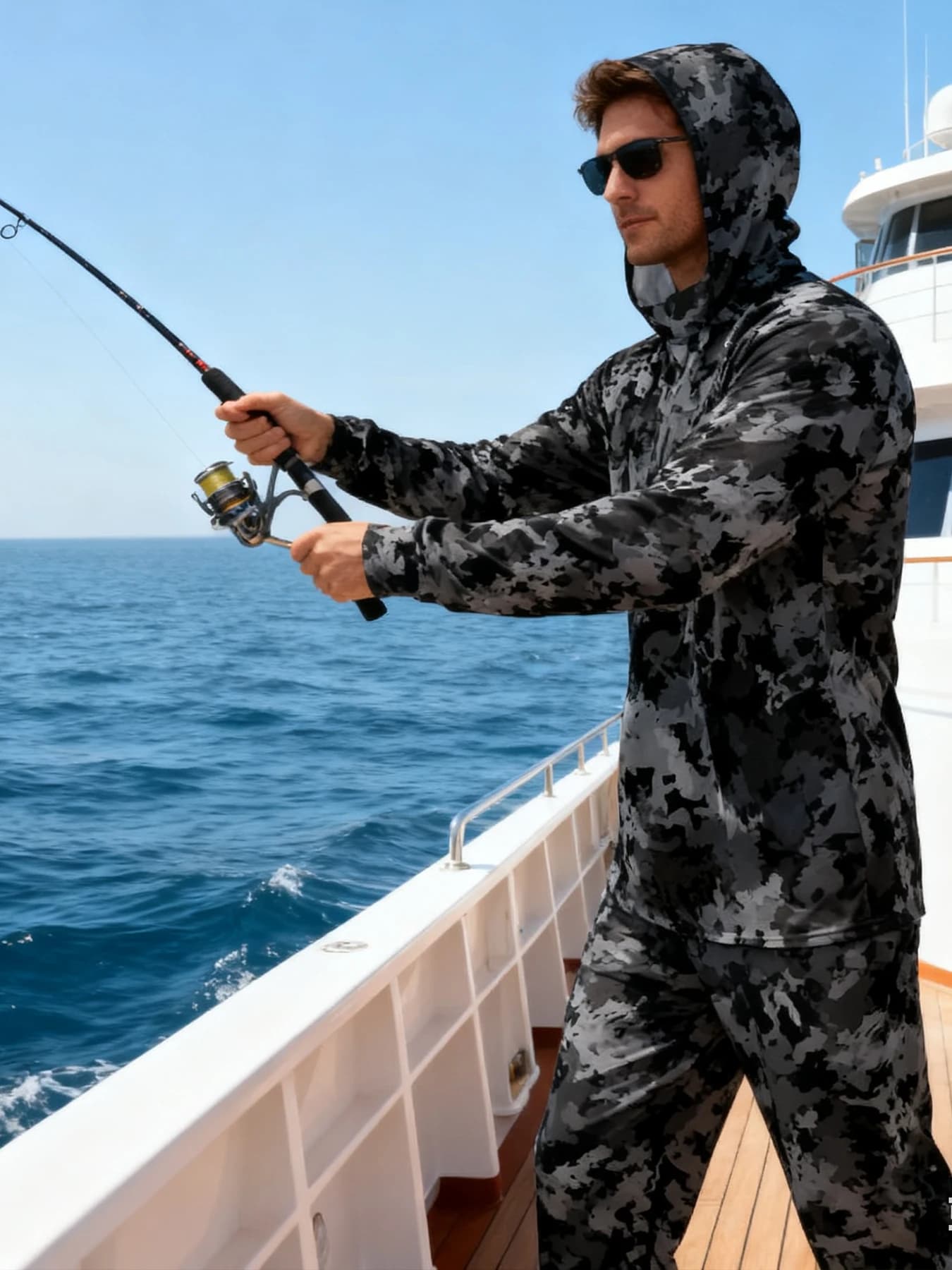 Felpa con cappuccio da pesca Camicia da vela da uomo Manica lunga Protezione solare Maglia da caccia Camisa De Pesca Performance Fish Gear Beach Tops Wear