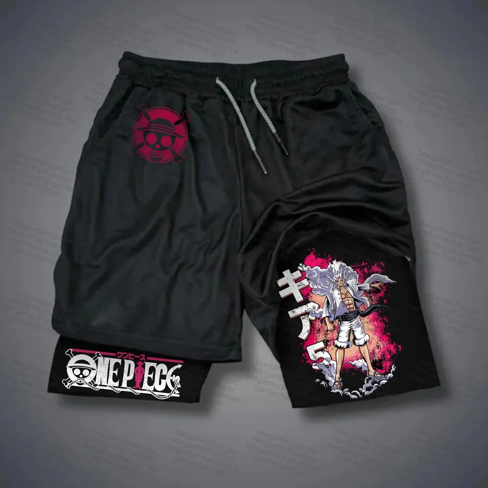 2026 Spring/Summer One Piece Luffy Anime Men's Y2k Street Wear Sportswear Breathable Mesh Double Layer Shorts Sportswear