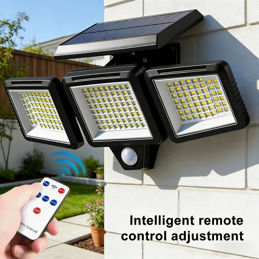 Lampada Solare da Parete a 3 Teste Dimmerabile con Sensore di Movimento PIR, da Crepuscolo all'Alba, Impermeabile per Esterni con Telecomando, Design Sottile