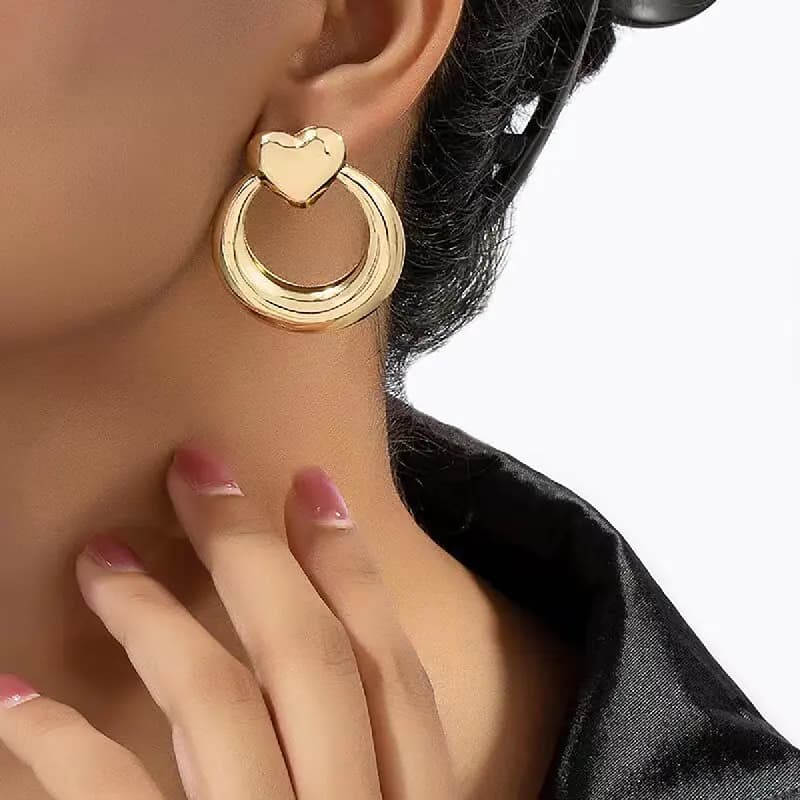 Orecchini a cerchio minimalisti con cuore e cerchio combinati, eleganti gioielli quotidiani in metallo per donna
