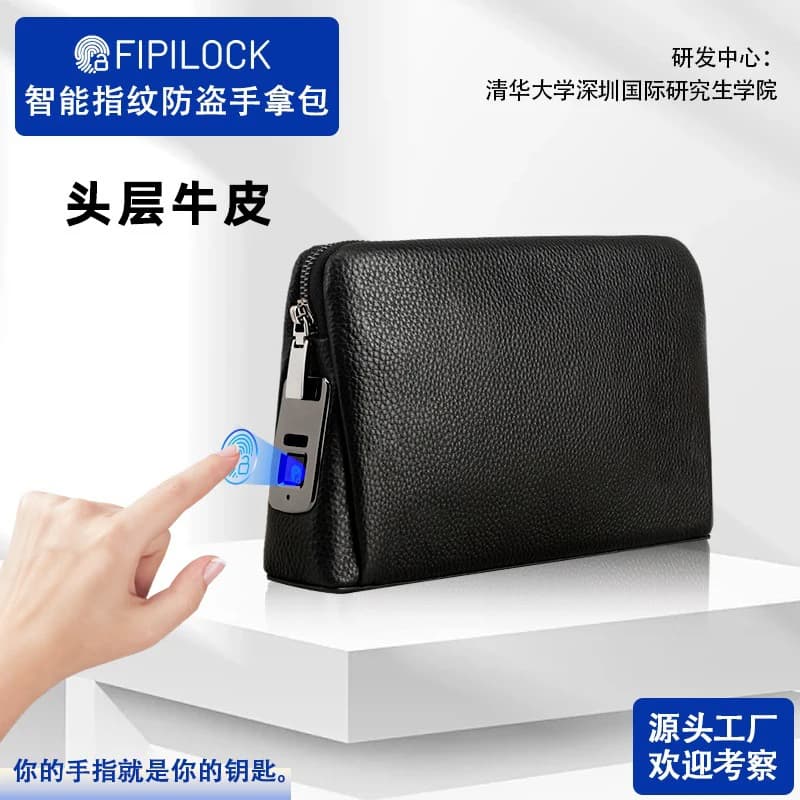 Genuine cowhide Men's Clutch Bag Fingerprint Lock Anti-theft Large Capacity Clutch Bag Wallet Business Men's Bag