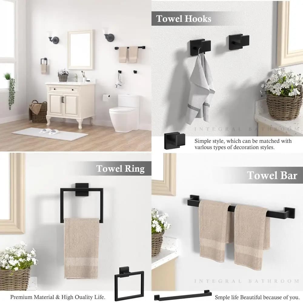 Set di accessori per il bagno neri opachi da 15 pezzi – Portasciugamani da 23,6 pollici, Anello portasciugamani, Porta carta igienica e Ganci, Supporto da parete per bagno