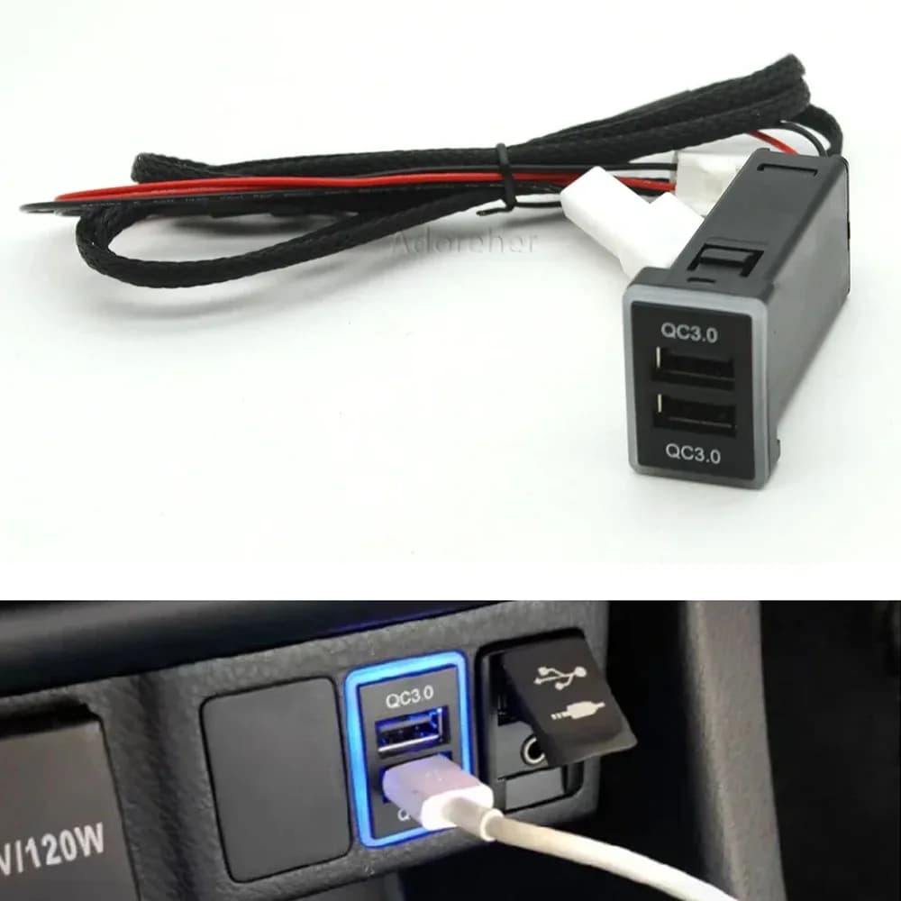 Auto USB QC 3.0 USB port LED light blue Charger for car Fast charging adapter with cable for Toyota Corolla Camry Prado