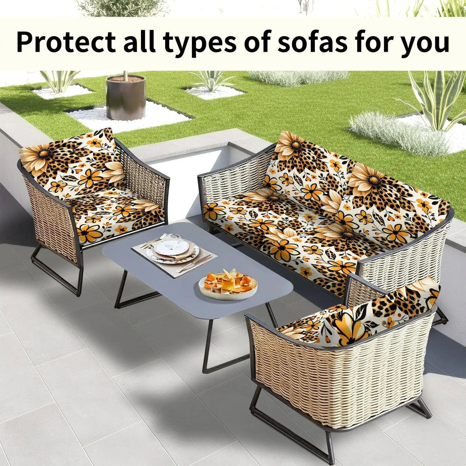 Set di 6/8 Copricuscini per Divano da Esterno con Stampa Leopardata e Girasoli, Coperture Decorative per Giardino e Balcone