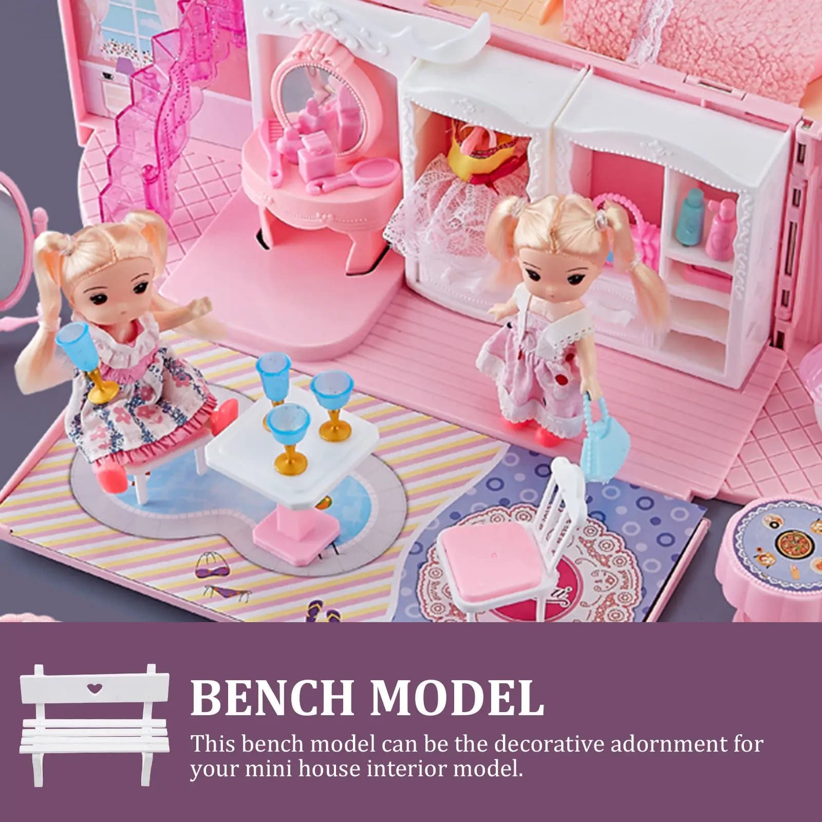 Mini Wooden Chair Simulation Bench Peach Heart Design Miniature Bench Ornament Home Adornment Small House Prop Educational