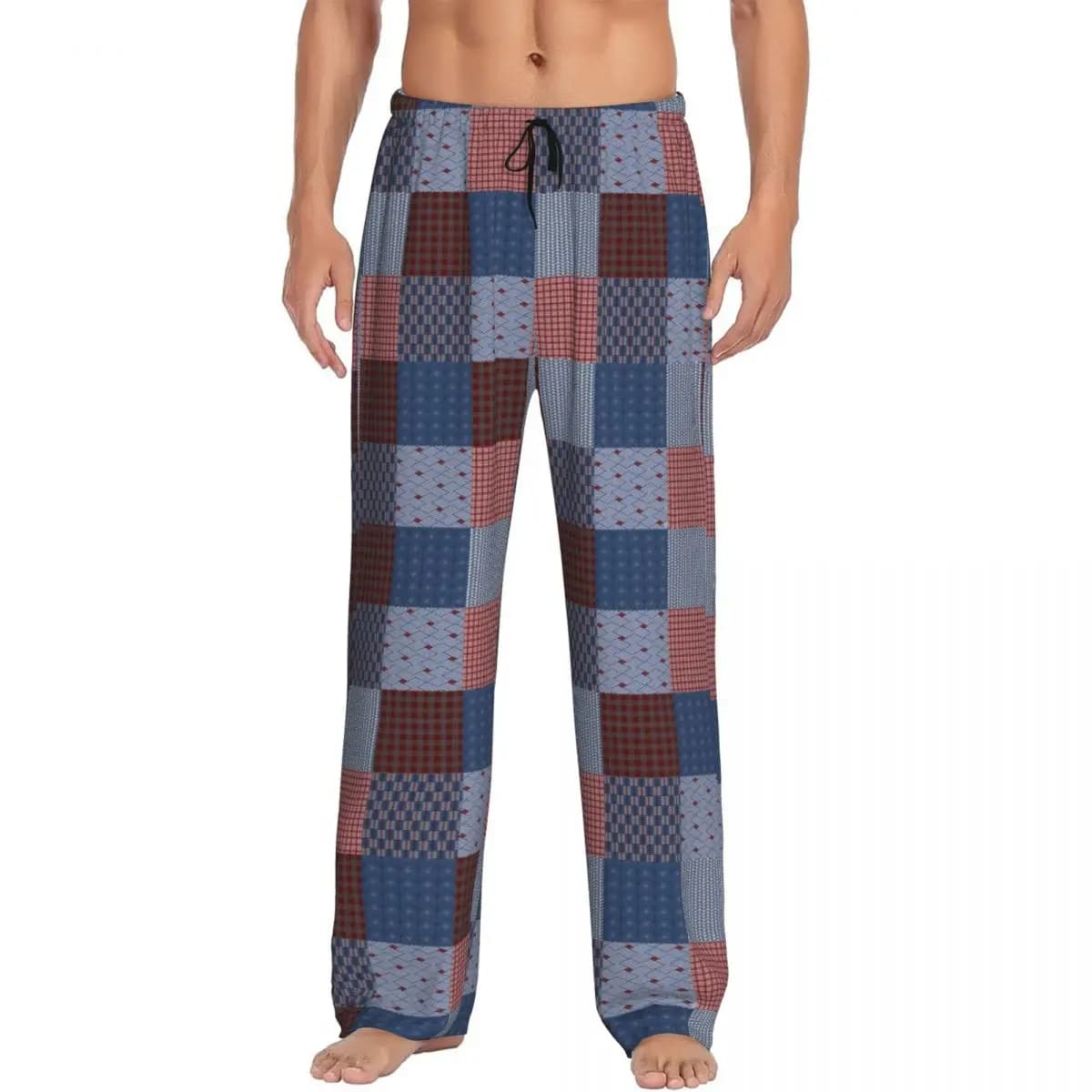 Custom Print Plaid Country Quilt Pajama Pants for Men Checkered Farmhouse Buffalo Check Sleep Sleepwear Bottoms with Pockets