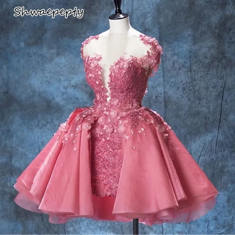 Mini abito da ballo corto in pizzo con gonna rimovibile Abito da homecoming con maniche ad aletta con scollo a O trasparente Abito da festa di compleanno personalizzato 2025