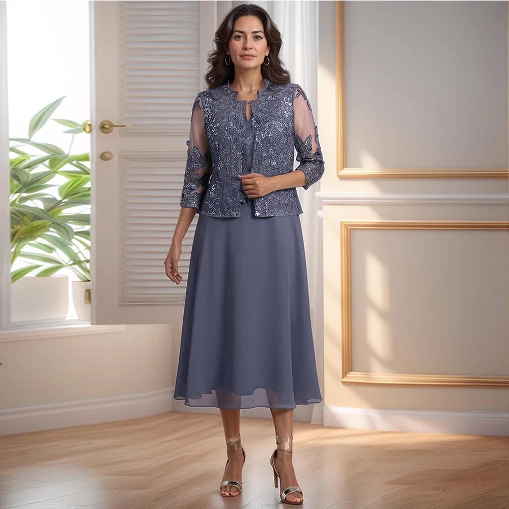 Customized 2 Piece Mother of The Bride Dresses Tea Length Chiffon Lace 3/4 Sleeves Mother of The Groom Dresses with Jacket