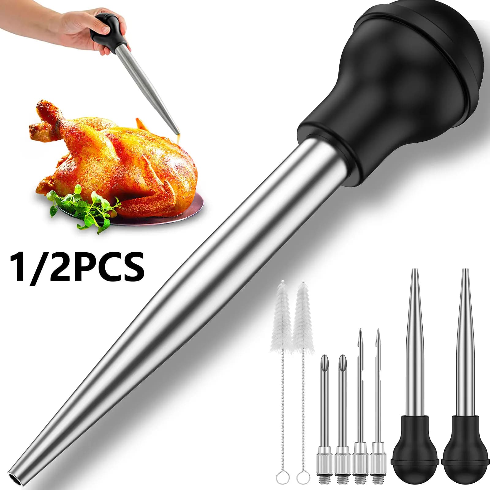 Set da 1/2 Pezzi per Insaccare il Tacchino: Siringa per Insaccare il Tacchino, Iniettore per Marinatura Carne con 2 Aghi, Bulbo in Silicone e Spazzola per la Pulizia