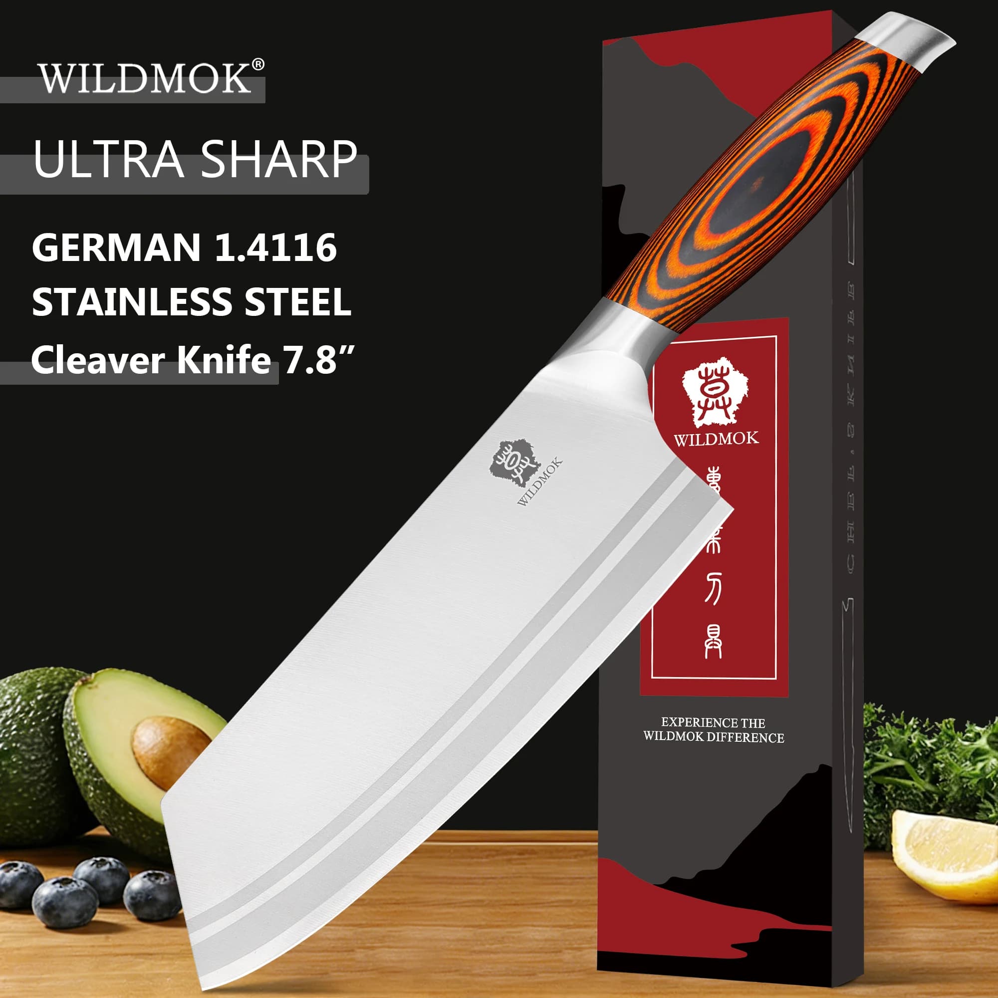 WILDMOK 7.8 Inch Butcher's Knife, German Steel Sharp Blade, Chinese Kitchen Knife with Ergonomic Handle in Pakkawood