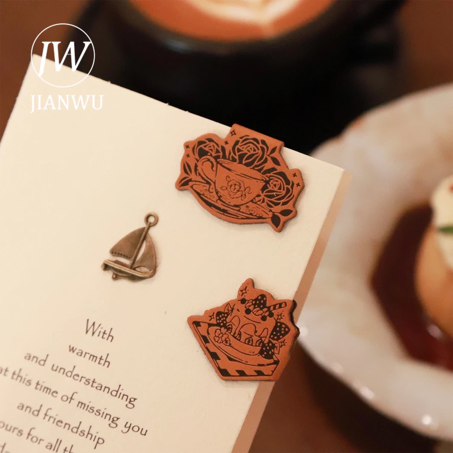 JIANWU Helia's Elegant Diary Series Vintage Coffee Landscape Material Collage Leather Bookmark Creative DIY Journal Stationery