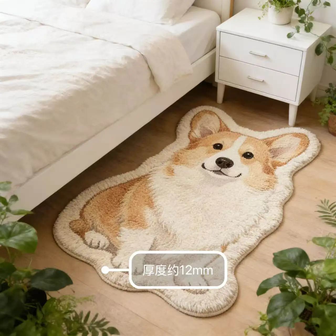 VIKAMA Sitting Corgi Shaped Plush Rug Non Slip Washable Floor Mat Cute Bedside Mat Dog Lover Interior Home Decor Carpet