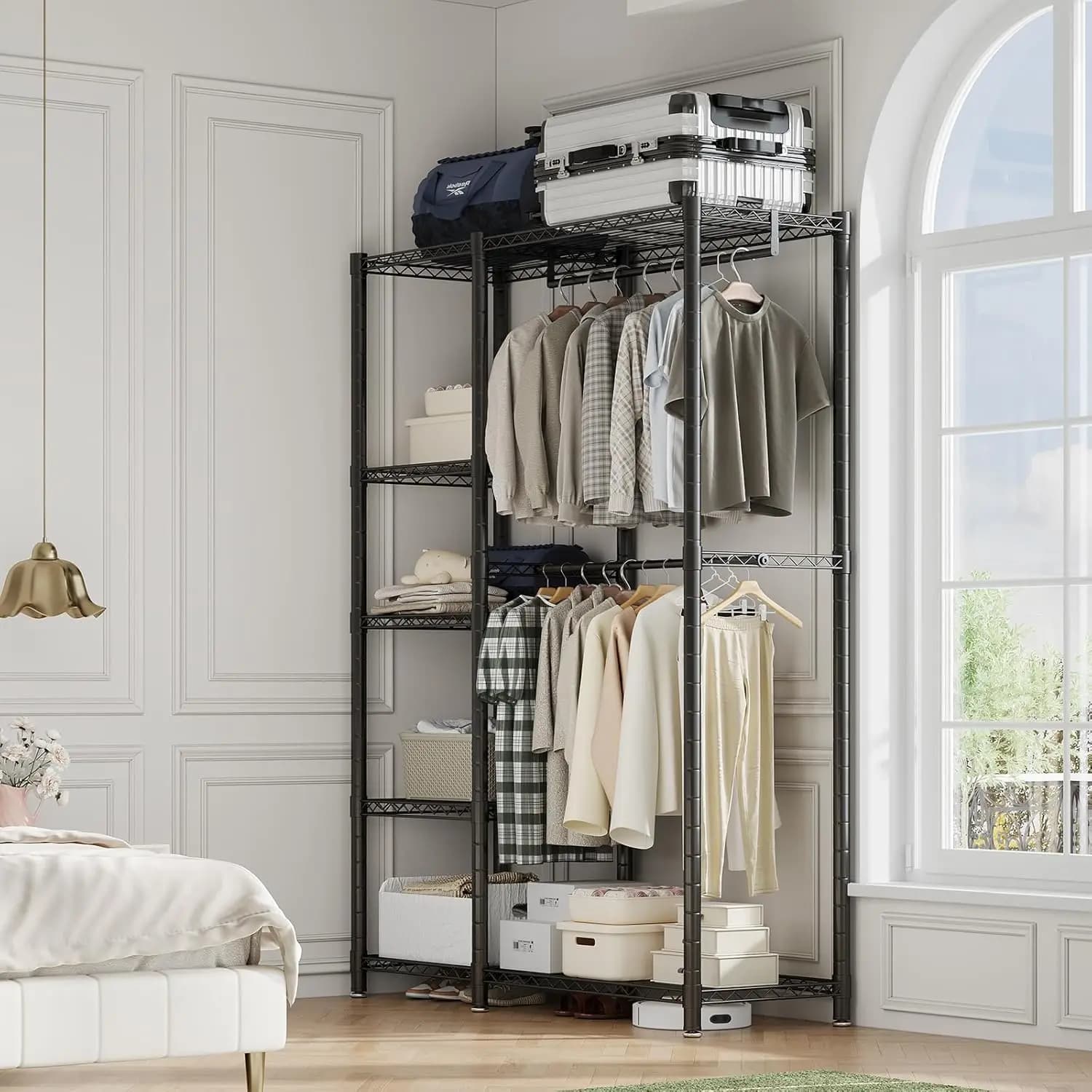 Appendiabiti Robusto con Ripiani, Stender Autoportante a 5 Livelli, Organizzatore Armadio in Metallo per Appendere Vestiti, Larghezza 114 cm