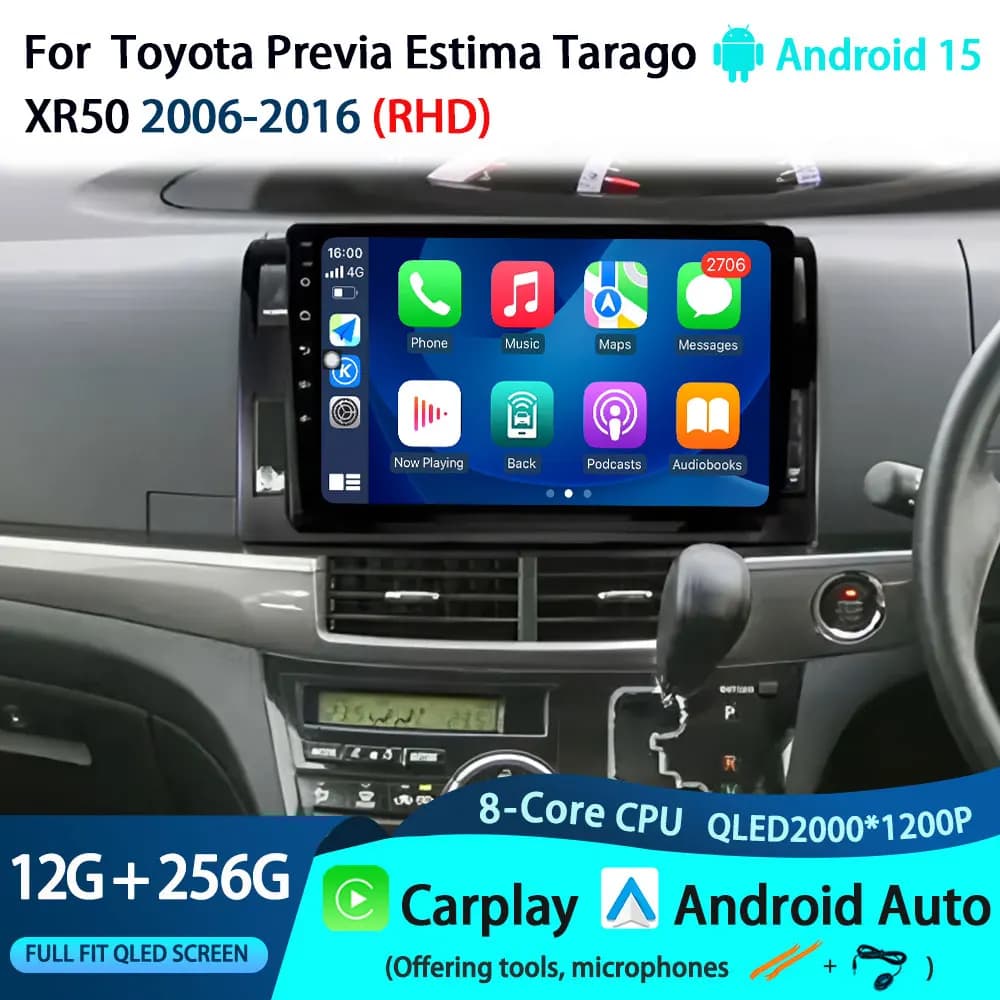 Android 15 Auto Carplay Per Toyota Previa Estima Tarago XR50 2006-2016 Lettore Multimediale di Navigazione Schermo di Visualizzazione WIFI