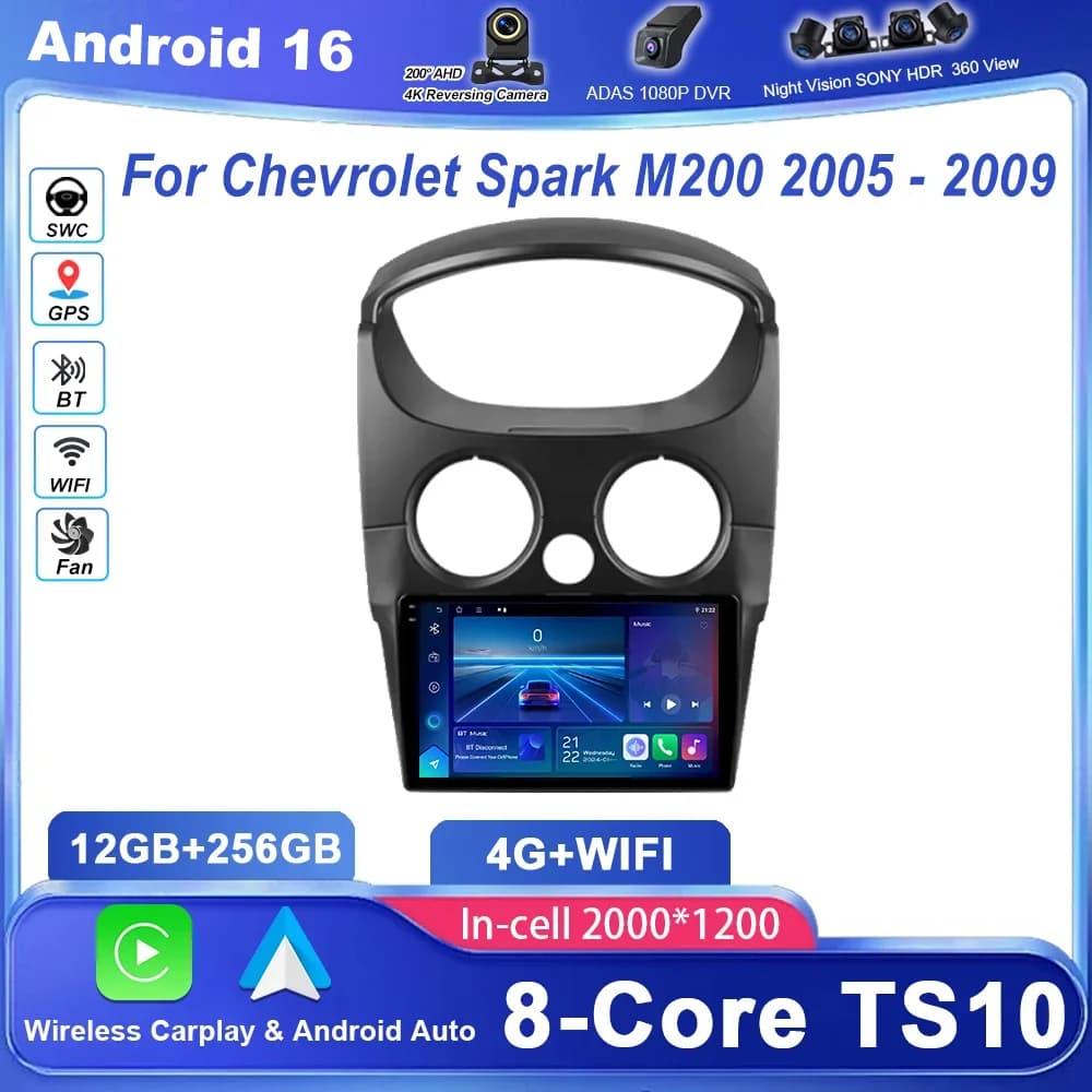 Autoradio Android 16 for Chevrolet Spark M200 2005-2009, high performance CPU, QLED screen, multimedia player, NON 2Din
