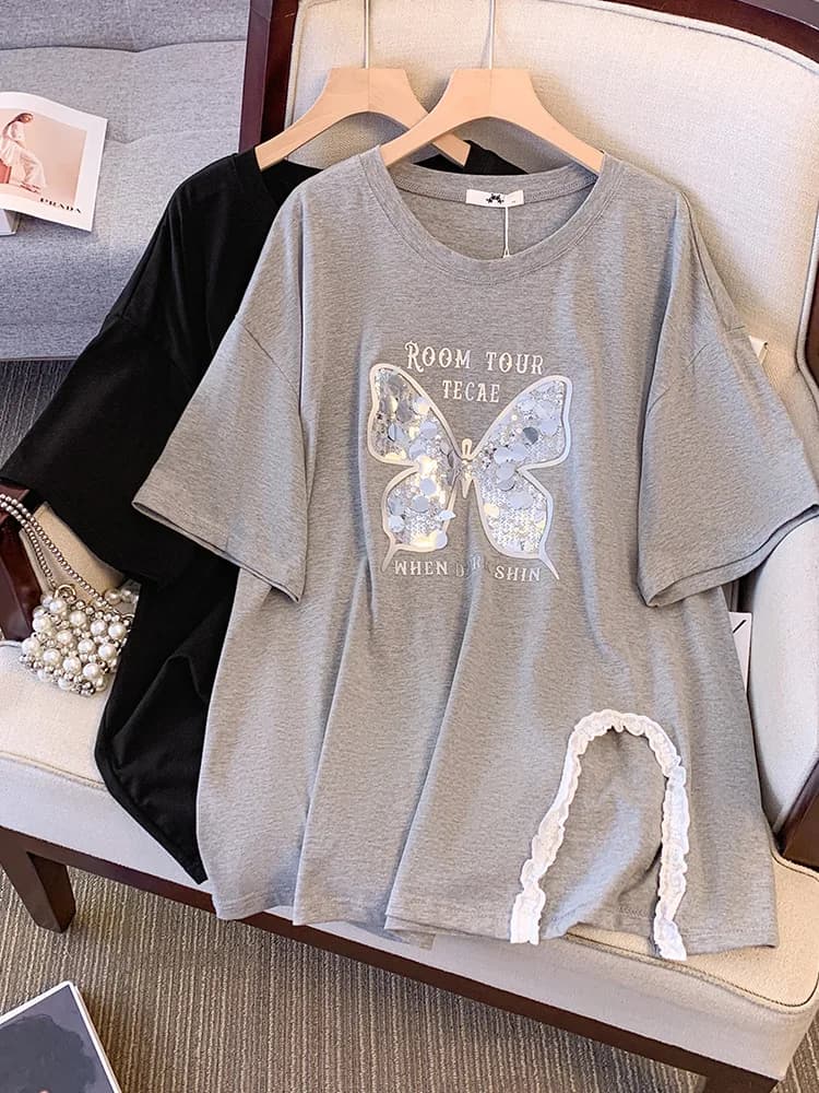 150Kg Plus Size busto da donna 165 estate allentata con paillettes in pizzo con spacco t-shirt manica corta nero grigio 5XL 6XL 7XL 8XL 9XL