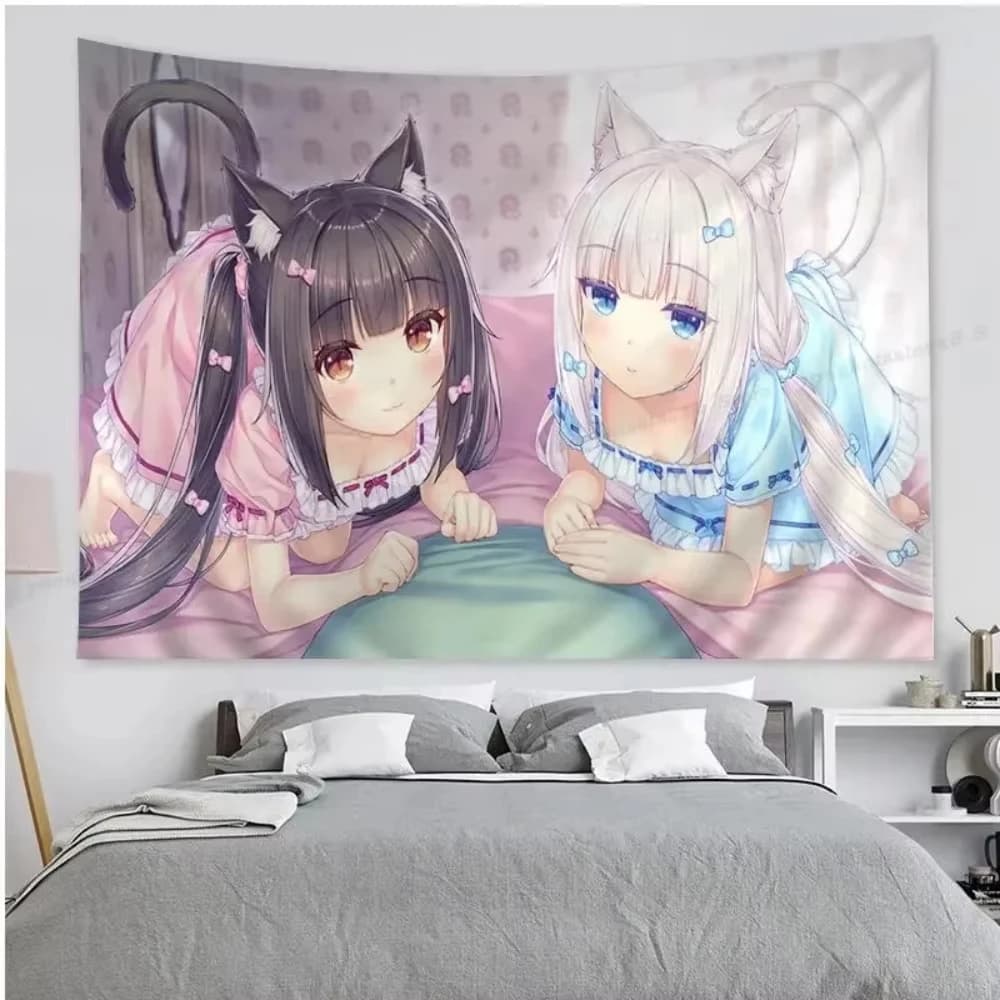 VIKAMA Japanese Cat Girl Anime Tapestry Check in Background Wall Machine Washable HD Tapestry Cute Room Decoration