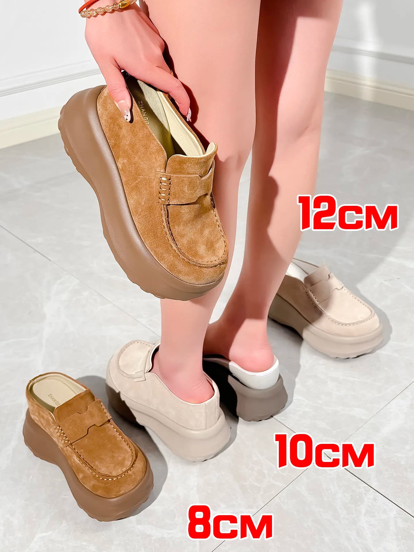 ZJR Scarpe con Rialzo Interno 8-12cm da Donna, Mules Vintage in Pelle Scamosciata con Tacco Integrato, Scarpe con Plateau e Punta Chiusa