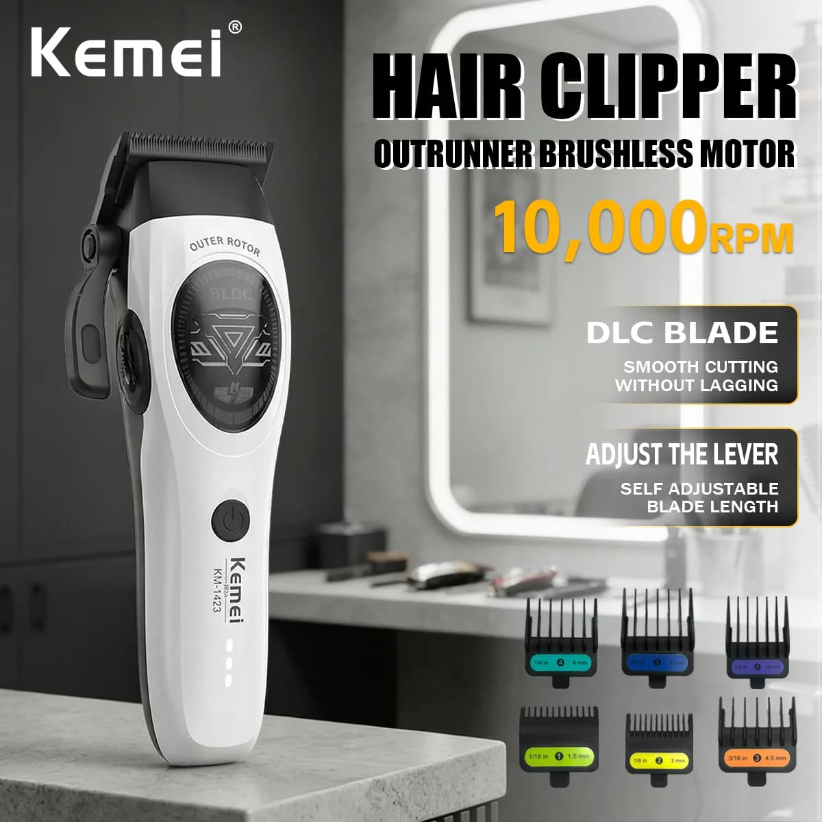 Kemei Professional Lame SPACE Rechargeable Haircut 10000 rpm External Roll Adjustable Refinish for men KM-1423