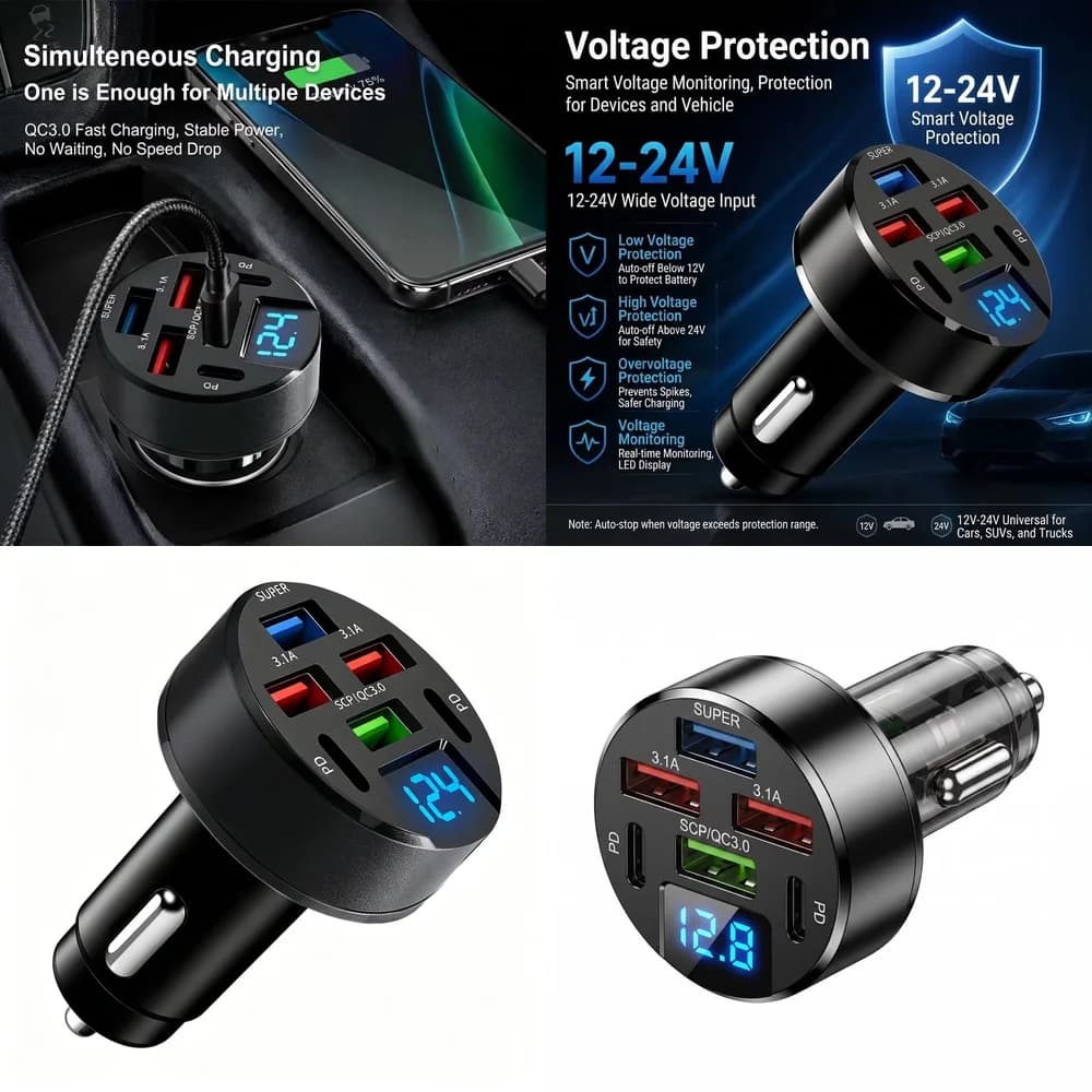 100W 6 in 1 Multi Port Car Charger with LED Digital Voltage Display QC3.0 PD USB Fast Charge Adapter for Samsung iPhone Tablet