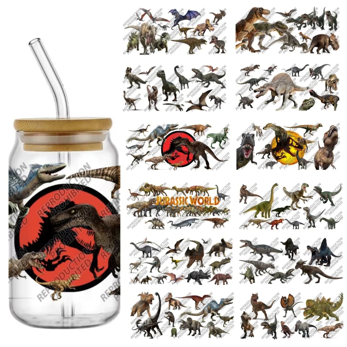 Popular Dinosaur World Design UV DTF 20 New Design Cup Mug transfer Sticker DIY 3D Decal For 16oz Libbey Glass cup wrap