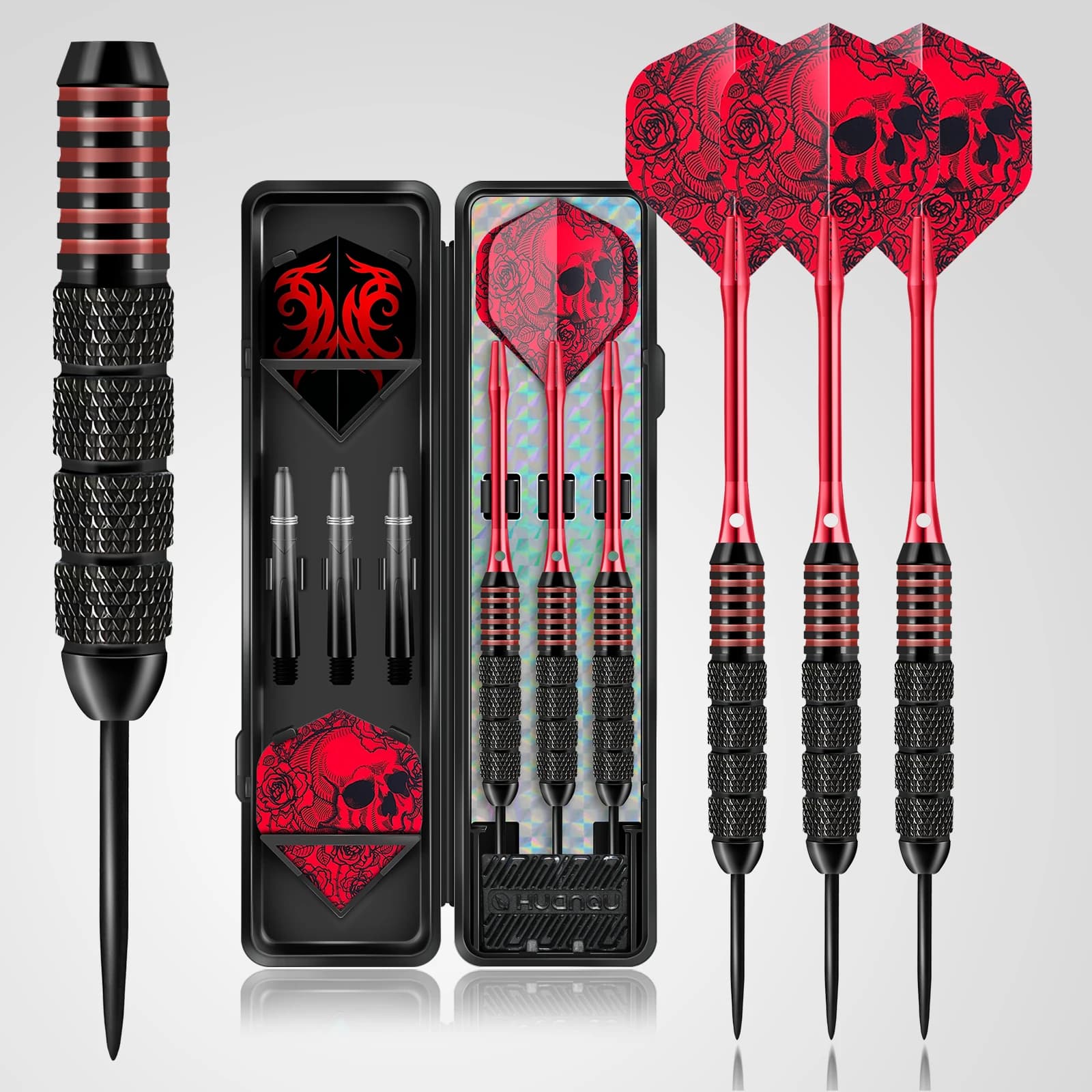 Huanqu 22g Iron Professional Dart Set Red Cool Series Darts with Spare Dart Flights, Dart Shafts, and Storage Box 2Ba Universal Thread Design for Adult Indoor and Outdoor Competition Training, Family Bar Entertainment, Holiday Gift