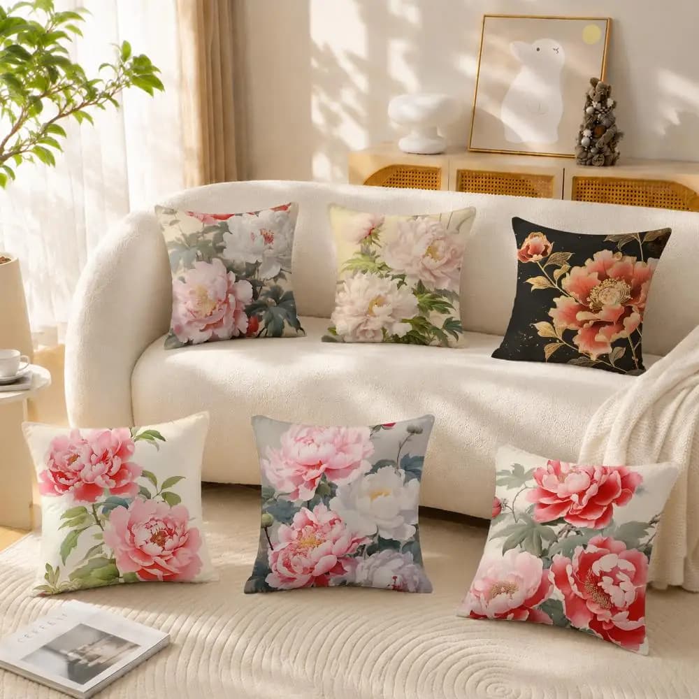 fashion Peony Cushion Cover Anti-dustmite Pillowcase Invisible zipper silky short plush Sofa cushion cover