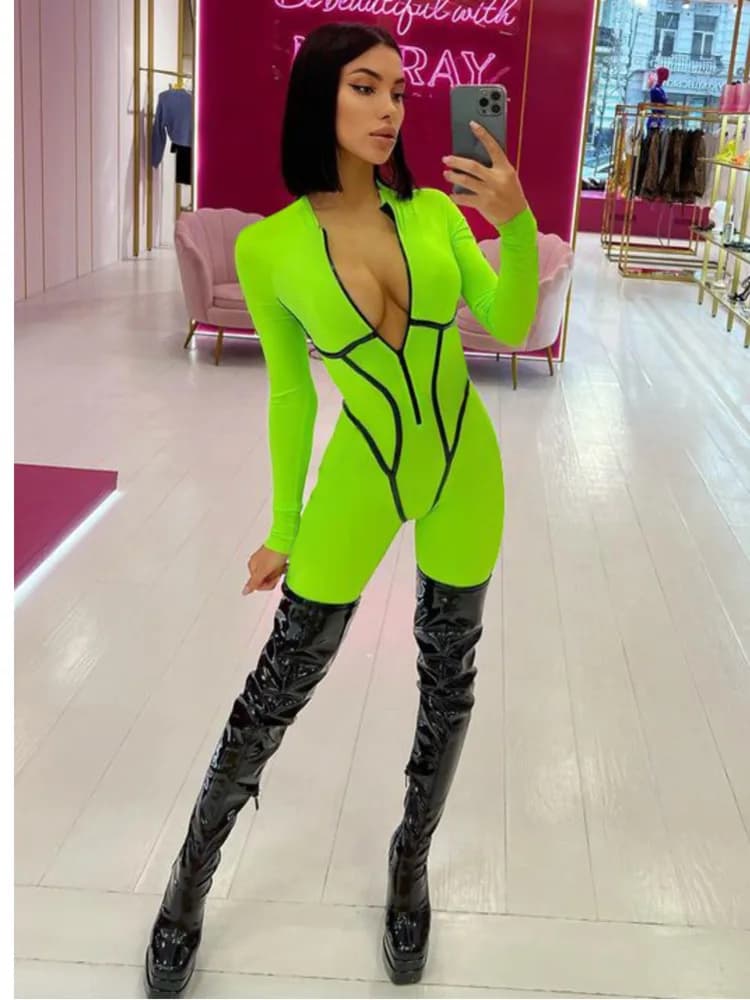 Articat Sexy Zipper donna tuta manica lunga fasciatura collant tute solide festa femminile aderente Stretch sportivo e per il tempo libero