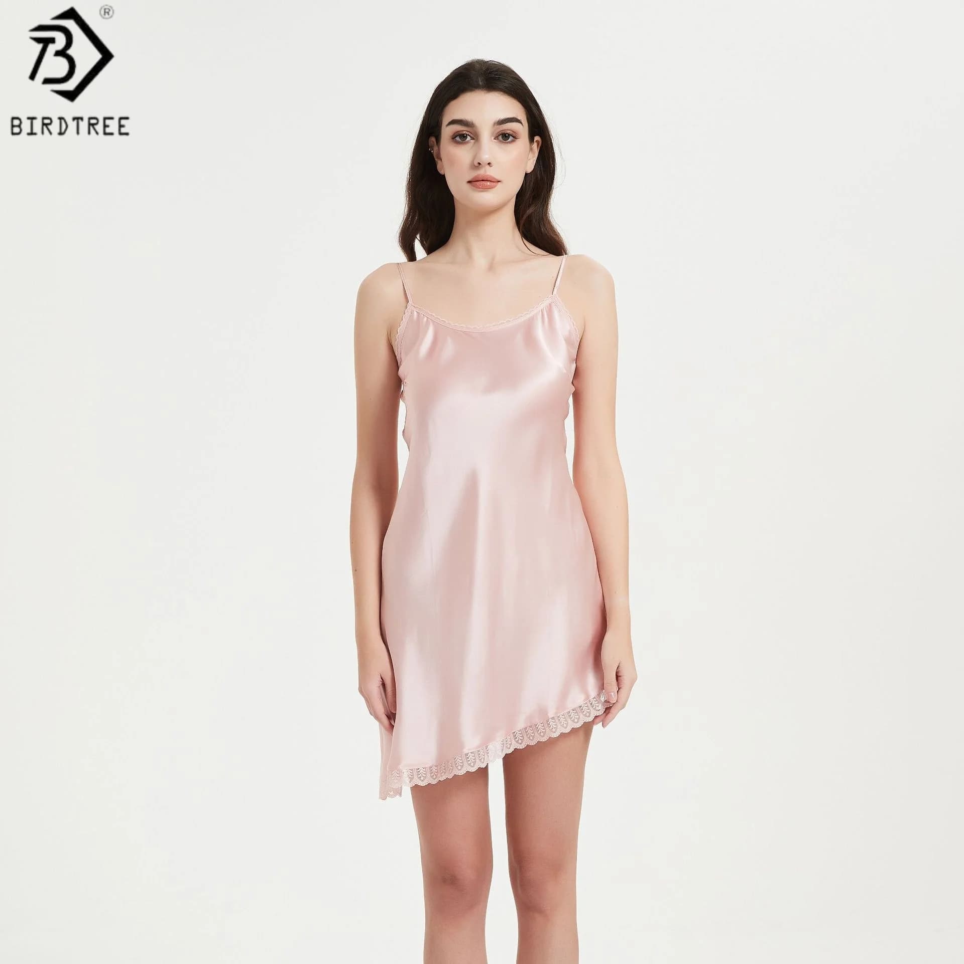Birdtree, 16MM 100% Real Silk Sleep Nightgown, Women Plain Satin Sleeveless Pajama Homewear Dresses, 2026 Spring New D63305JF