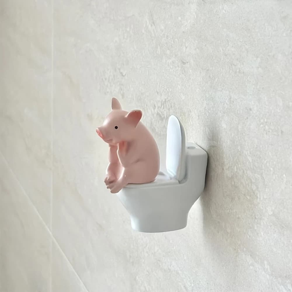 Pvc Bathroom Statue Tabletop or Wall-Mount Decor Cute Pig Sitting on Toilet Father's Day Gift for Home & Office