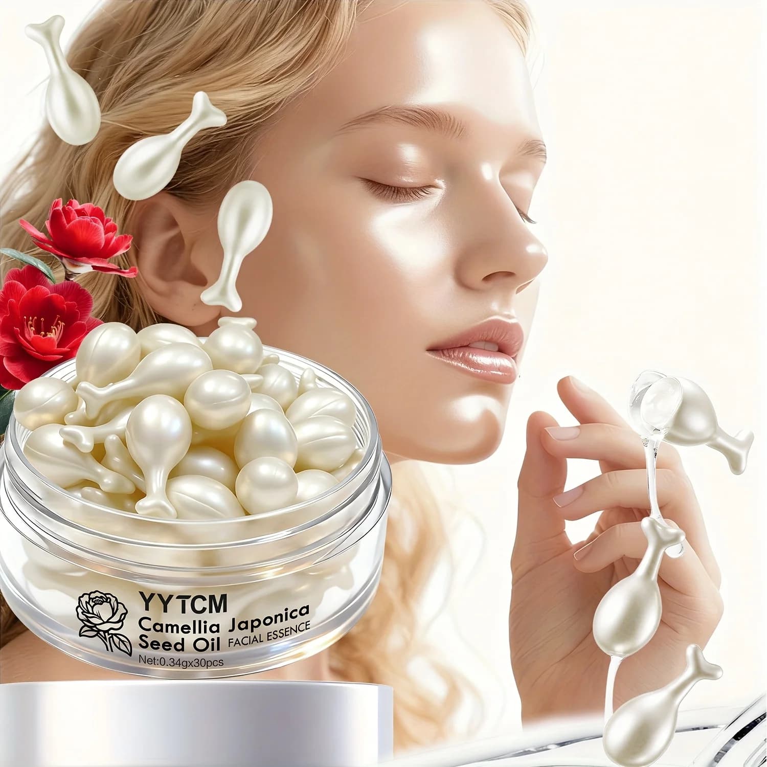 Capsules of Essence at Camelia Oil, Hydrating Essence and Radiant, Contains Squalano, Fullerene, Ginseng Radical Extract, Niacinamide, Vitamin E, Retinol, Deep Hydration (0,34Gx30 Capsules)/Flacone-1 Flacone