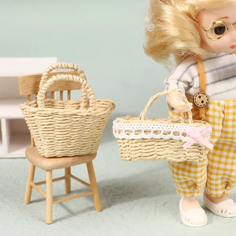【S】High Quality Mini Cute Dollhouse Rattan Frame Hand-woven Basket Cute Toys Dolls Miniature Decoration for Doll and