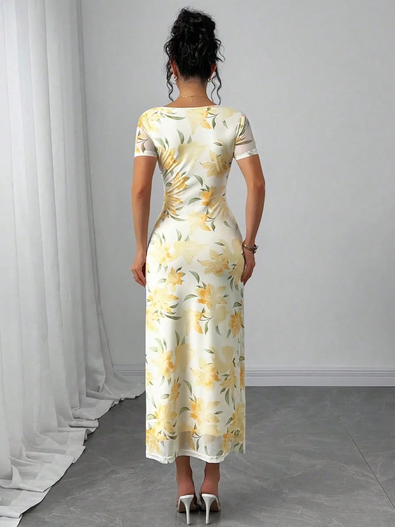Elegant Yellow Floral Print Square Neck Ruched Waist Fitted Midi Dress Spring Summer