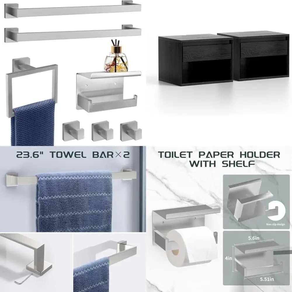 Set di accessori per il bagno da 7 pezzi in acciaio inossidabile con portasciugamani e portasciugamani in nichel spazzolato, inclusi 2 portasciugamani quadrati da 23 pollici per