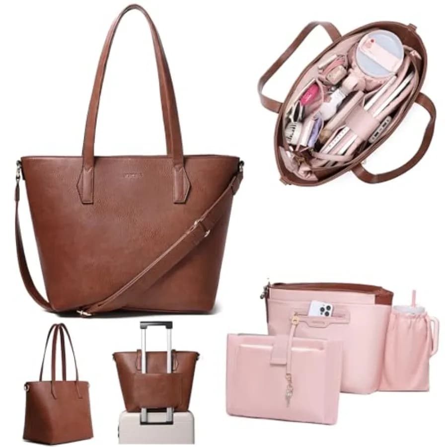 Borsa Tote per Laptop da 16 Pollici da Donna, Borsa da Lavoro in Pelle Vegana con Portabicchieri, Protezione RFID e Tasca Antifurto per Trolley